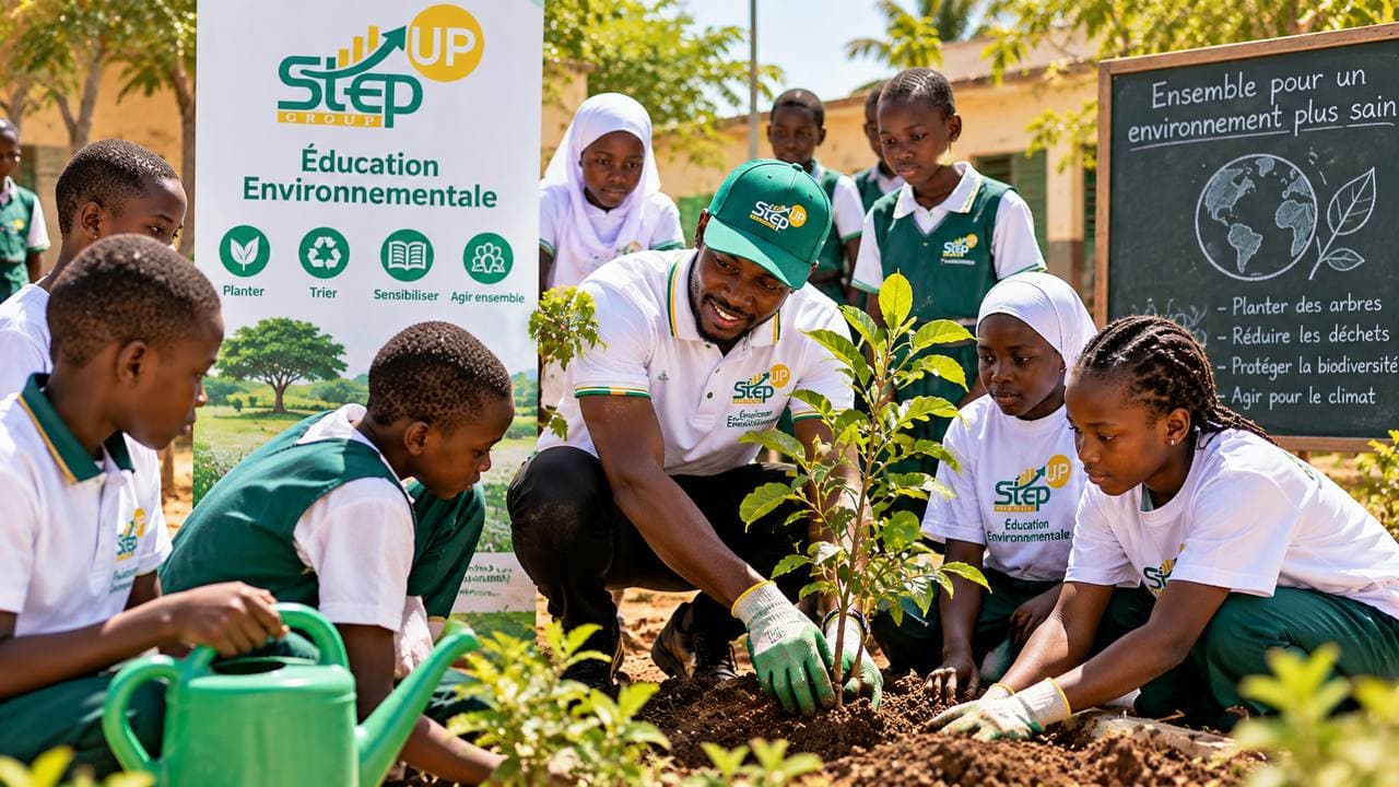 Animateur Step’Up plantant un arbre avec des élèves en uniforme lors d’un atelier d’éducation environnementale