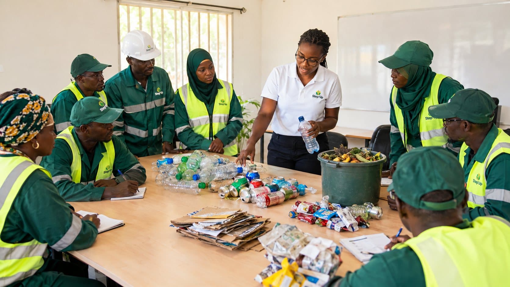 Formatrice Step’Up présentant des déchets triés (bouteilles, canettes, cartons, organiques) à des agents